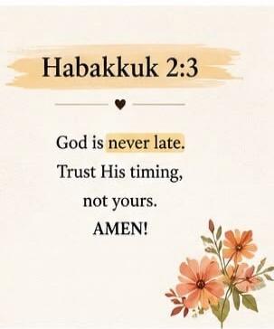Habakkuk 2:3 God is never late. Trust His timing, not yours. AMEN!