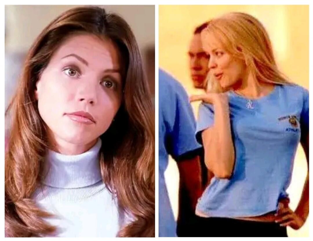 A split image showing two women. On the left, a woman with brown hair in a turtleneck looks thoughtfully. On the right, a blonde woman in a blue crop top poses confidently.