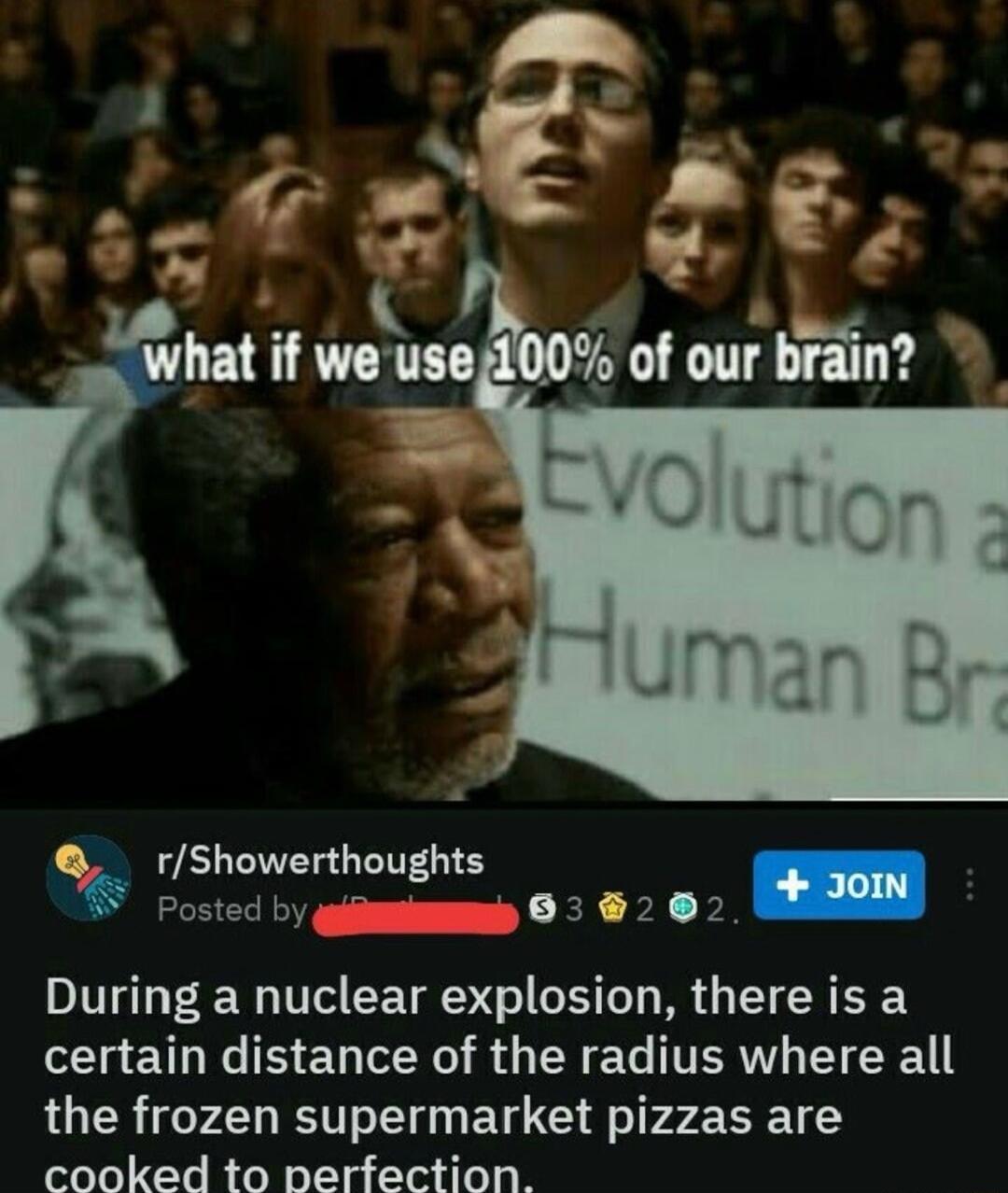 rShowerthoughts Posted by il LER PN P During a nuclear explosion there is a ETLN ED NG S ERET TERT TR the frozen supermarket pizzas are cooked to perfection