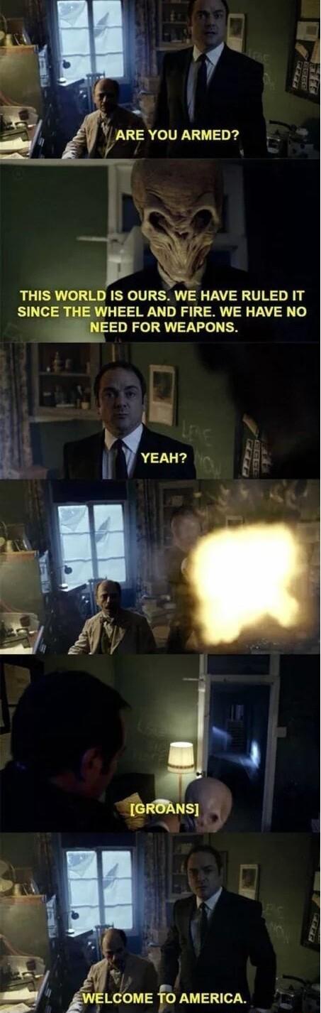 y A THIS WORLD IS OURS WE HAVE RULED IT SINCE THE WHEEL AND FIRE WE HAVE NO EED FOR WEAPONS Kelo 13 fO AMERICA