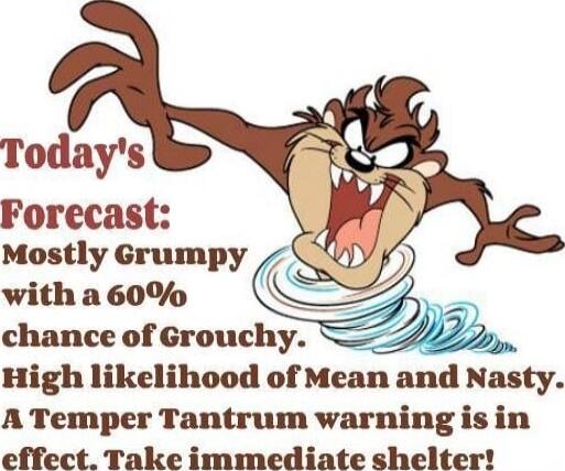 Today's Forecast: Mostly Grumpy with a 60% chance of Grouchy. High likelihood of Mean and Nasty. A Temper Tantrum warning is in effect. Take immediate shelter!