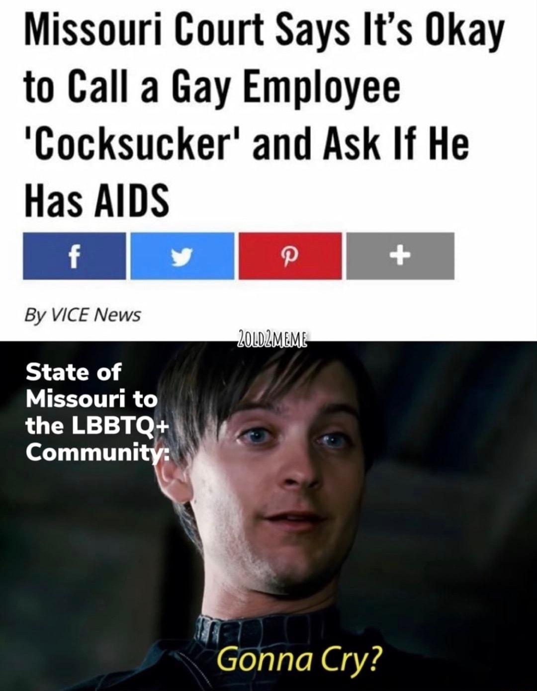 Missouri Court Says Its Okay to Call a Gay Employee Cocksucker and Ask If He Has AIL EH KN By VICE News State of Missouri to the LBBTQ Communi Gonna Cry
