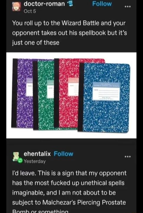 LR GIZ T ED R Follow Oct6 You roll up to the Wizard Battle and your opponent takes out his spellbook but its just one of these CLELIEN N Yesterday Id leave This is a sign that my opponent LEER N T Vo CTe RVT VIR 3 G IToF T imaginable and am not about to be subject to Malchezars Piercing Prostate B e S