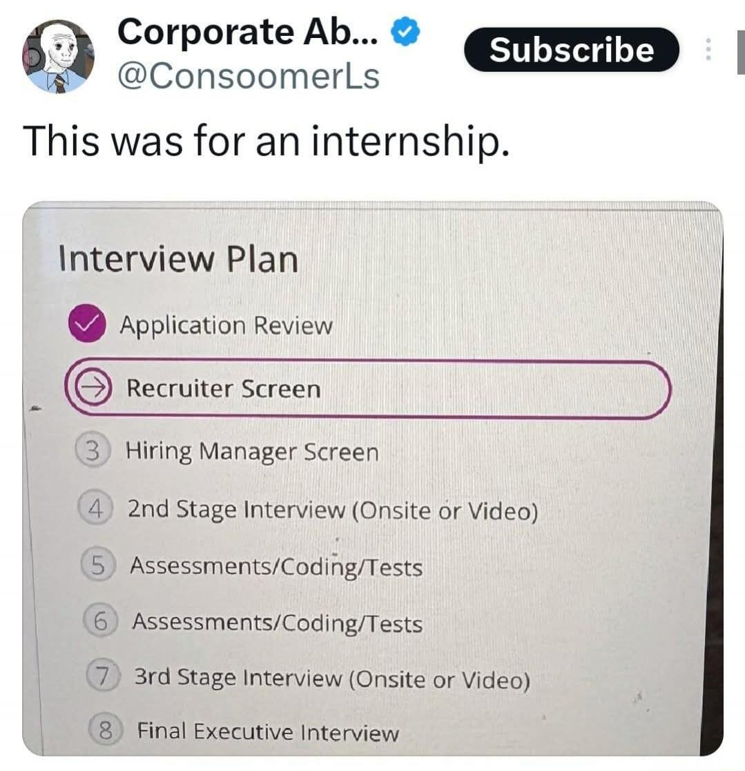 Corporate Ab... @ConsoomerLs Subscribe This was for an internship. Interview Plan Application Review Recruiter Screen Hiring Manager Screen 2nd Stage Interview (Onsite or Video) Assessments/Coding/Tests 3rd Stage Interview (Onsite or Video) Final Executive Interview