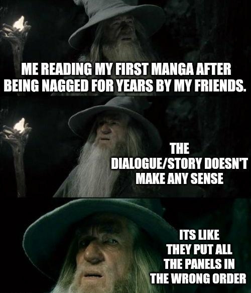 T ME READING MY FIRST MANGA AFTER BEING NAGGED FOR YEARS BY MY FRIENDS 4 y L 4 DIALOGUESTORY DOESNT s MAKE ANY SENSE ITS LIKE 4 THEY PUTALL THE PANELS IN THE WRONG ORDER BB