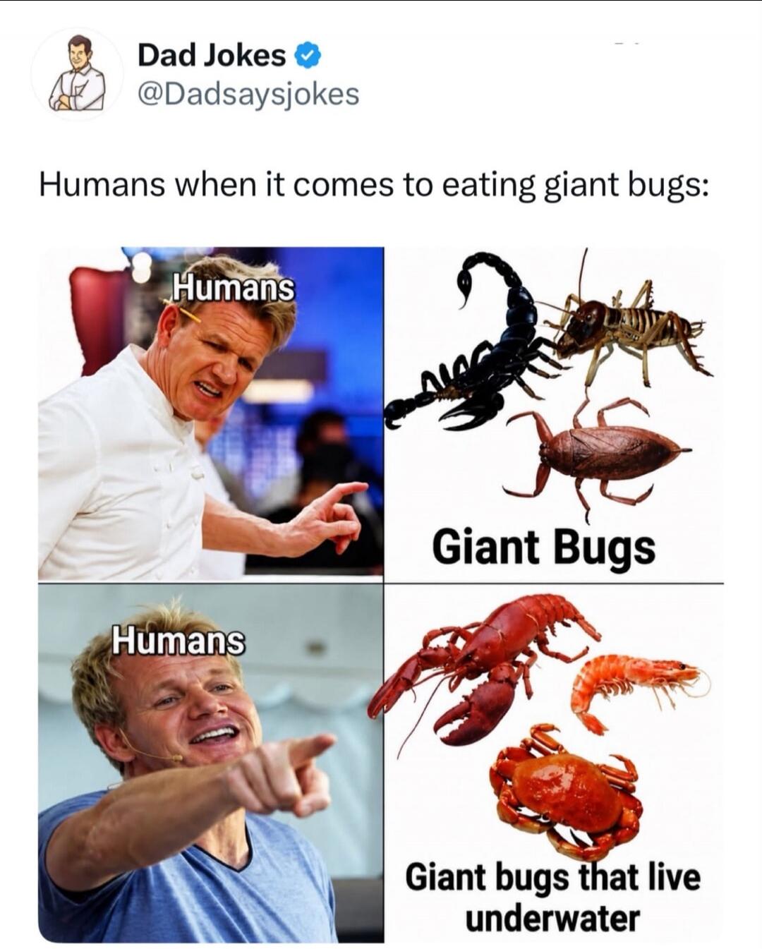 Dad Jokes @Dadsaysjokes Humans when it comes to eating giant bugs: Humans Giant Bugs Humans Giant bugs that live underwater