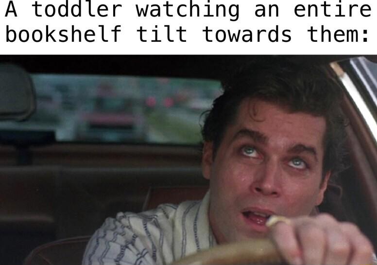 A toadler watching an entire bookshelf tilt towards them