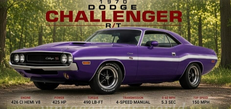 1970 Dodge Challenger R/T. Engine: 426 CI Hemi V8. Power: 425 HP. Torque: 490 LB-FT. Transmission: 4-Speed Manual. 0-60 MPH: 5.3 Sec. Top Speed: 150 MPH.