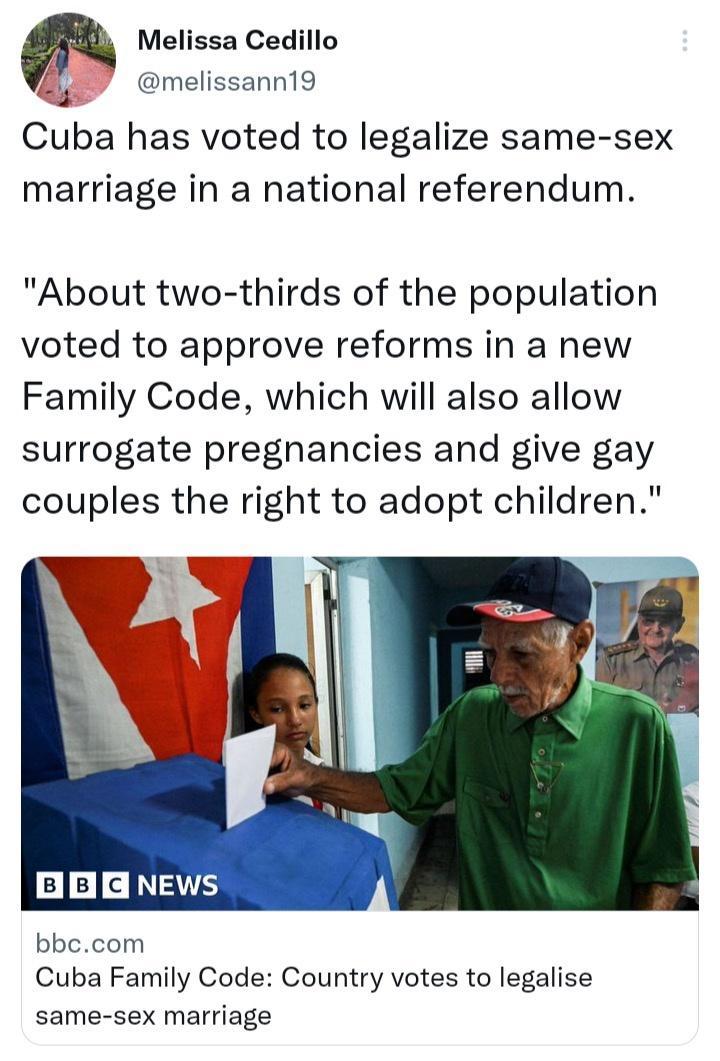 Melissa Cedillo L melissann19 a4 Cuba has voted to legalize same sex marriage in a national referendum About two thirds of the population voted to approve reforms in a new Family Code which will also allow surrogate pregnancies and give gay couples the right to adopt children e8c LSS bbecom Cuba Family Code Country votes to legalise same sex marriage