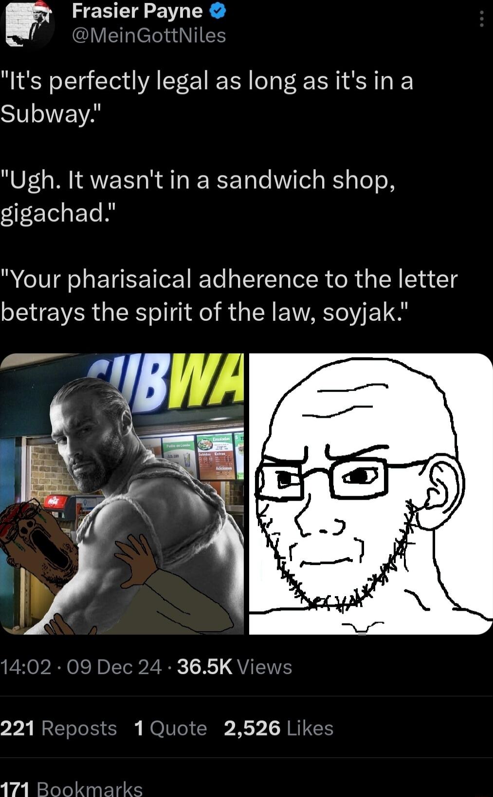 Its perfectly legal as long as its in a STTNEA Ugh It wasnt in a sandwich shop gigachad Your pharisaical adherence to the letter EENER G eI o RGN EVAS Y ET ORISRt 2 e X1 QUTENE 221 Reposts 1 Quote 2526 Lik