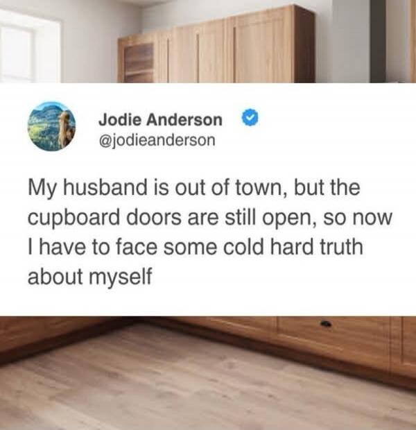 My husband is out of town, but the cupboard doors are still open, so now I have to face some cold hard truth about myself
