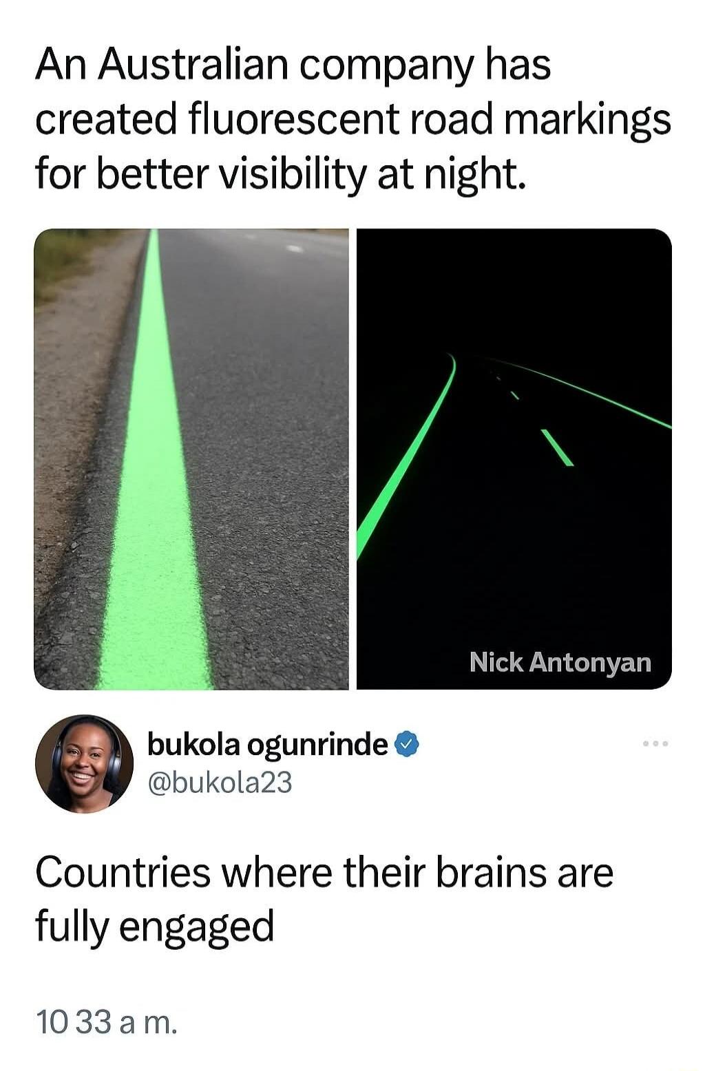 An Australian company has created fluorescent road markings for better visibility at night.