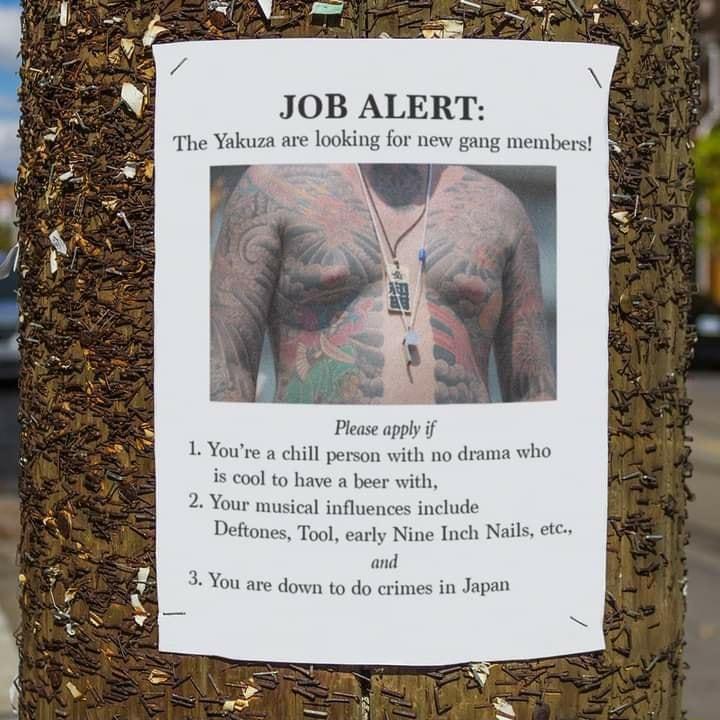 8 Please apply if a chill person with no drama who is cool to have a beer with 2 Your musical influences include Deftones Tool early Nine Inch N and 3 You are down to do crimes in Japan