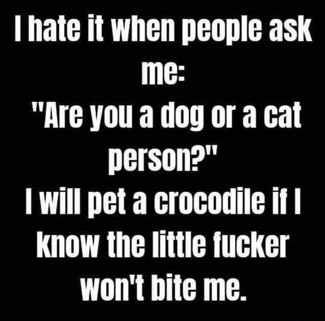 hate it when people ask me Are you a dog or a cat person will pet a crocodile if LOTRUT T 1TH wont bite me