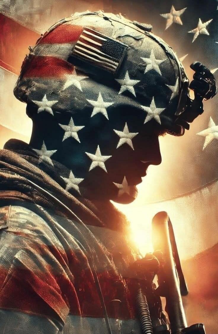 A silhouette of a soldier wearing a helmet, with an overlay of the American flag and stars. The figure holds a rifle, set against a warm, glowing background.