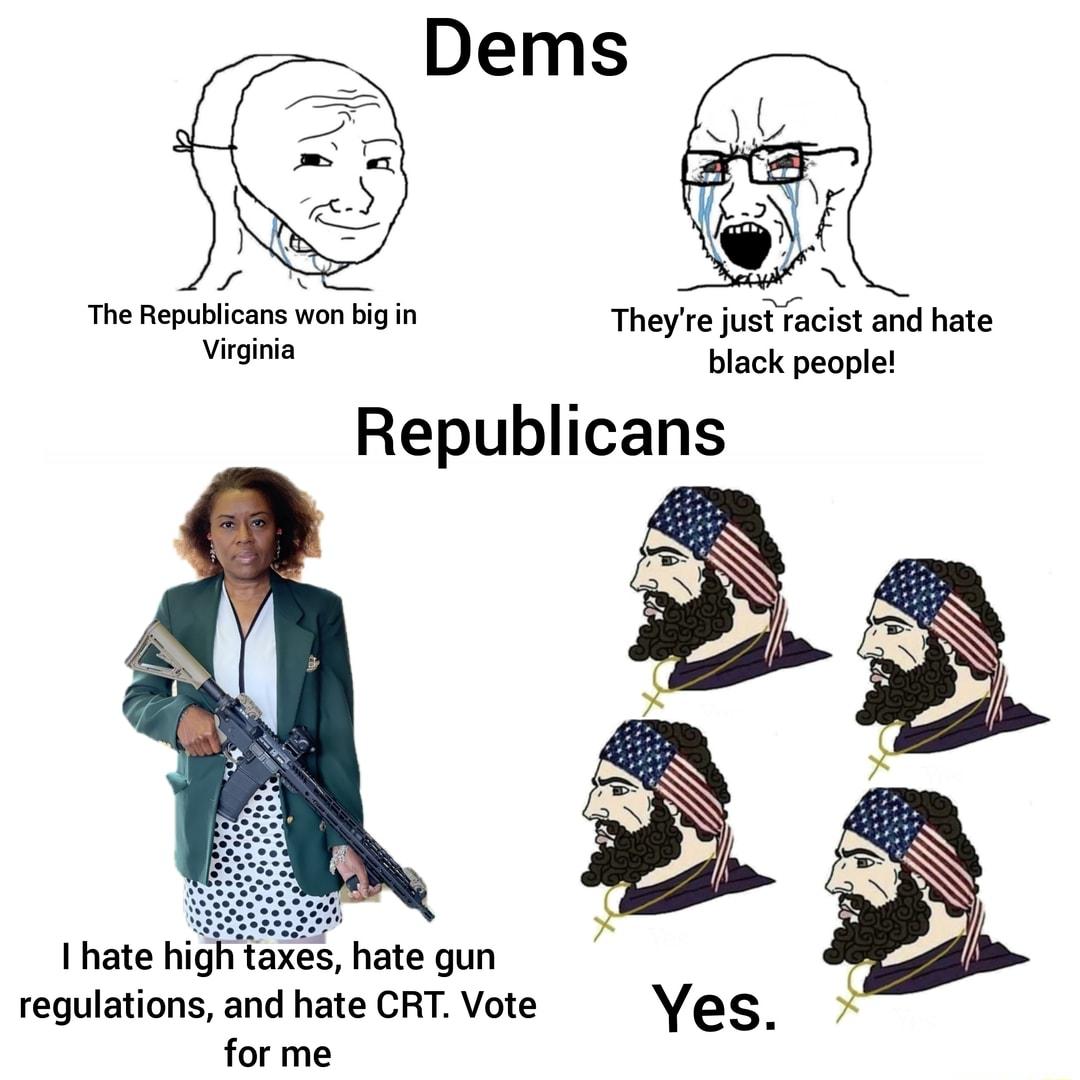 The Republicans won big in Theyre just racist and hate Virginia black people Republicans I hate high taxes hate gun regulations and hate CRT Vote for me