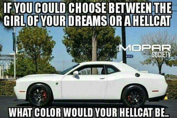 IF YOU COULD CHOOSE BETWEEN THE GIRL OF YOUR DREAMS OR A HELLCAT WHAT COLOR WOULD YOUR HELLCAT BE... MOPAR SOCIETY