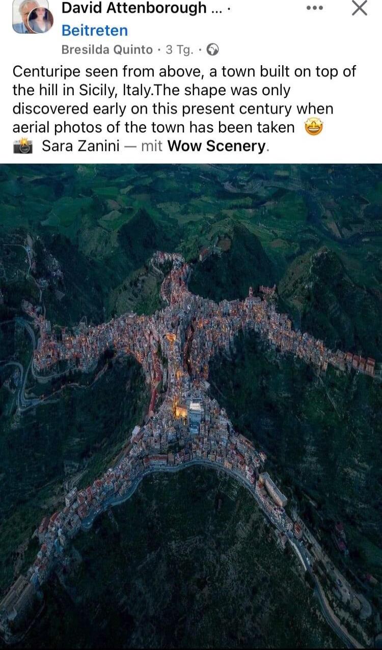 v David Attenborough o ceiveten Bresilda Quinto 3 Tg 6 Centuripe seen from above a town built on top of the hill in Sicily ItalyThe shape was only discovered early on this present century when aerial photos of the town has been taken Sara Zanini mit Wow Scenery