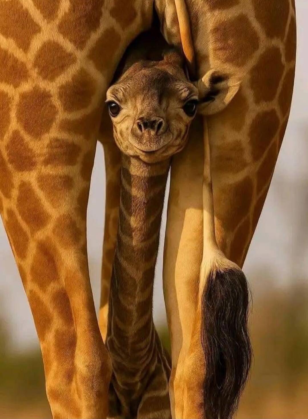 A baby giraffe peeks between the legs of two adult giraffes.