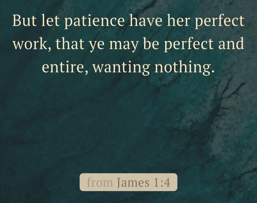 But let patience have her perfect work, that ye may be perfect and entire, wanting nothing. from James 1:4