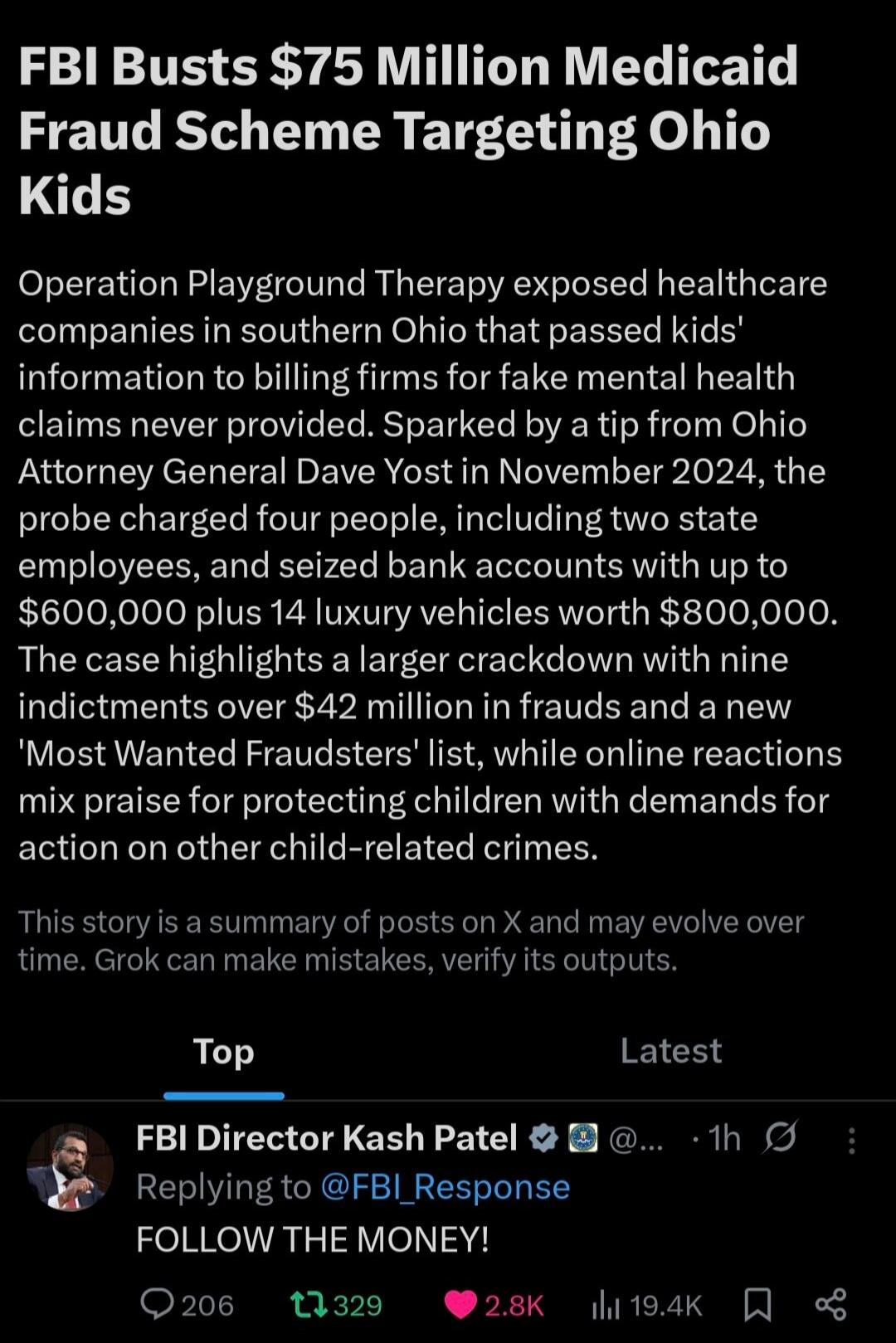 FBI Busts $75 Million Medicaid Fraud Scheme Targeting Ohio Kids. Operation Playground Therapy exposed healthcare companies in southern Ohio that passed kids' information to billing firms for fake mental health claims never provided. Sparked by a tip from Ohio Attorney General Dave Yost in November 2024, the probe charged four people, including two 