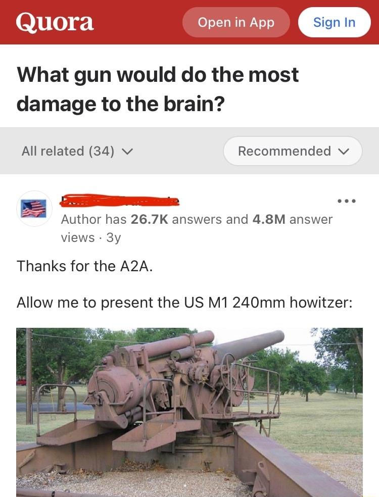 What gun would do the most damage to the brain All related 34 v Recommended v g Uitesssemzasic eoe Author has 267K answers and 48M answer views 3y Thanks for the A2A Allow me to present the US M1 240mm howitzer