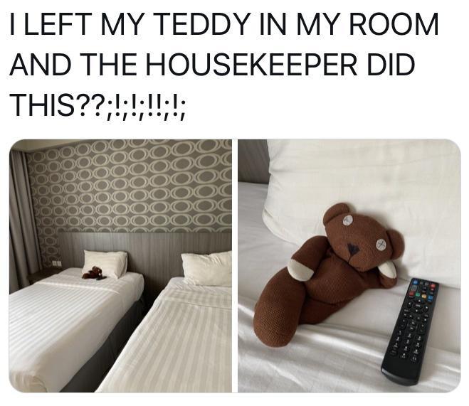 LEFT MY TEDDY IN MY ROOM AND THE HOUSEKEEPER DID THIS L1t