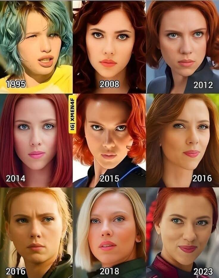 Scarlett Johansson's appearance evolution from 1995 to 2023. Years shown: 1995, 2008, 2012, 2014, 2015, 2016, 2018, 2023. Instagram handle: IG| XMEN4F.