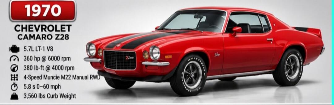 1970 CHEVROLET CAMARO Z28 5.7L LT-1 V8 360 hp @ 6000 rpm 380 lb-ft @ 4000 rpm 4-Speed Muncie M22 Manual RWD 5.8 s 0-60 mph 3,560 lbs Curb Weight
