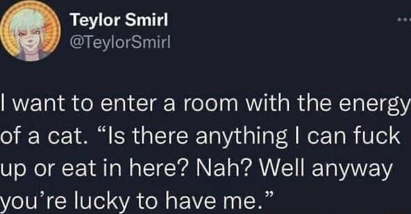 Teylor Smirl TeylorSmirl want to enter a room with the energy o Yot A R G TTE Tl T A W Ta R Uel 3 VToNeI R N CICYANE VAN T W youre lucky to have me