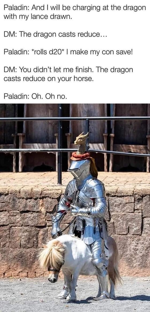 Paladin And will be charging at the dragon with my lance drawn DM The dragon casts reduce Paladin rolls d20 make my con save DM You didnt let me finish The dragon casts reduce on your horse Paladin Oh Oh no
