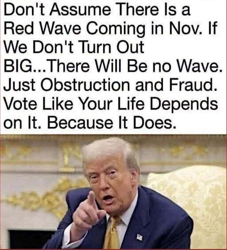 Don't Assume There Is a Red Wave Coming in Nov. If We Don't Turn Out BIG...There Will Be no Wave. Just Obstruction and Fraud. Vote Like Your Life Depends on It. Because It Does.