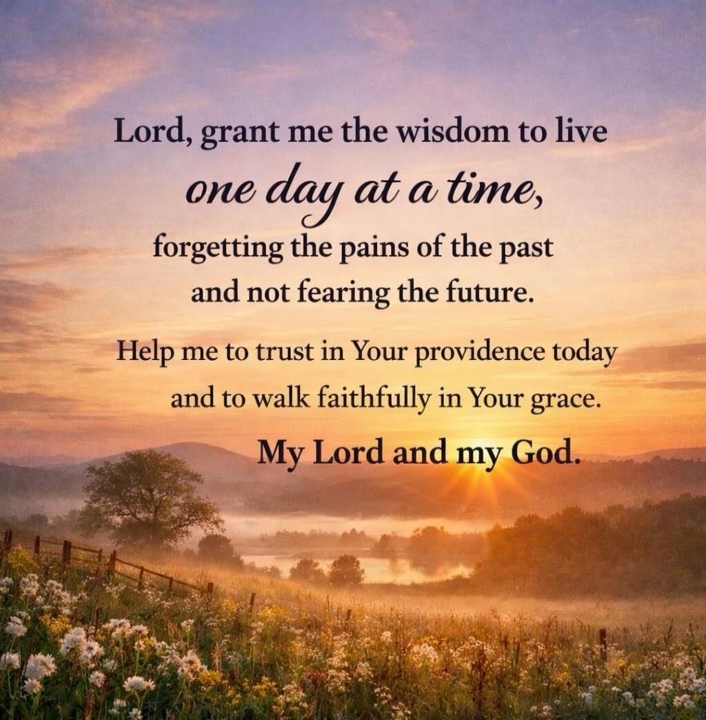 Lord, grant me the wisdom to live one day at a time, forgetting the pains of the past and not fearing the future. Help me to trust in Your providence today and to walk faithfully in Your grace. My Lord and my God.