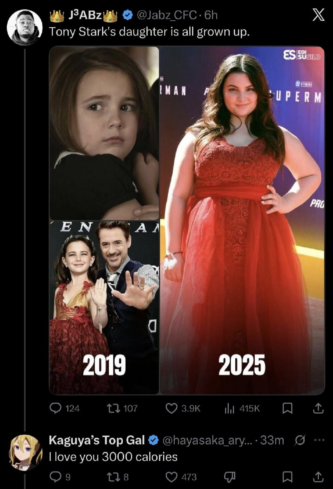 Tony Stark's daughter is all grown up. 2019. 2025. I love you 3000 calories.