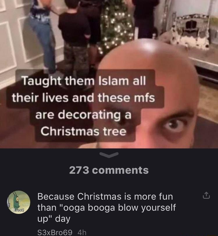 S ETT SU N S EL T LGETANVERE LT RO TECEN T are decorating a Christmas tree 4 a il 273 comments 2 Because Christmas is more fun than ooga booga blow yourself up day S3xBro69 4h