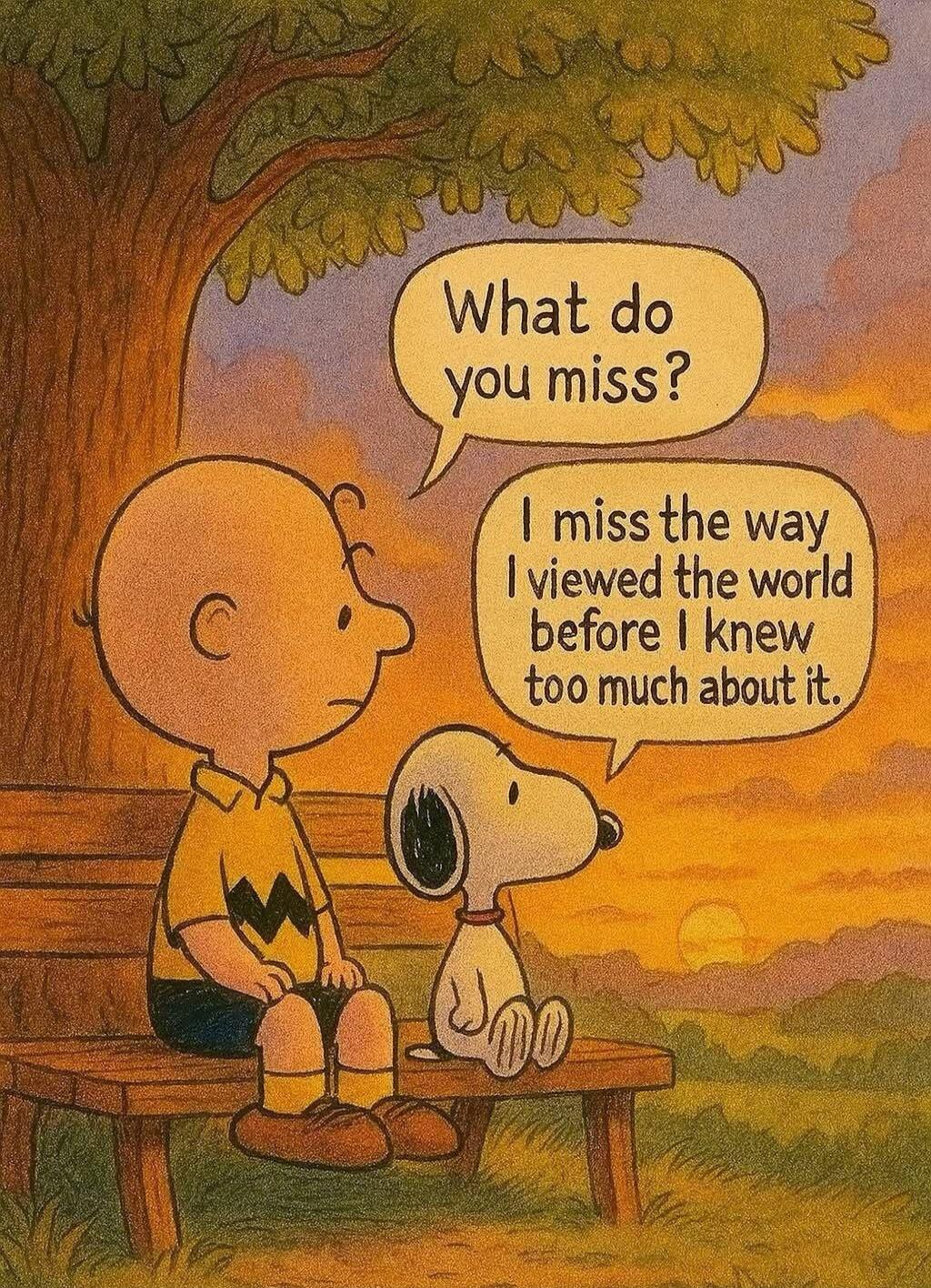 What do you miss? I miss the way I viewed the world before I knew too much about it.