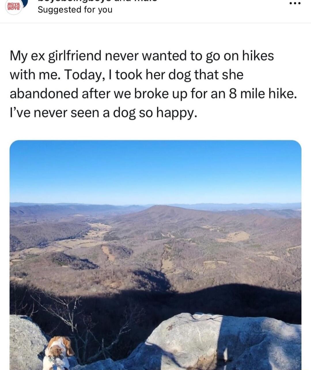 WY suggested for you My ex girlfriend never wanted to go on hikes with me Today took her dog that she abandoned after we broke up for an 8 mile hike Ive never seen a dog so happy