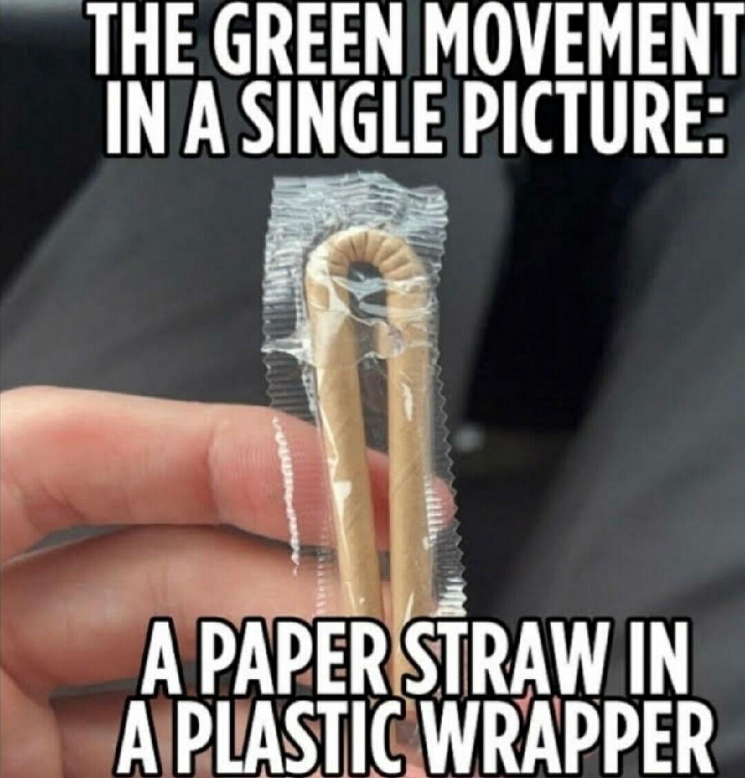 THE GREEN MOVEMENT INASINGLE PICTURE A PAPERSTRAW IN APUASTICWRAPPER