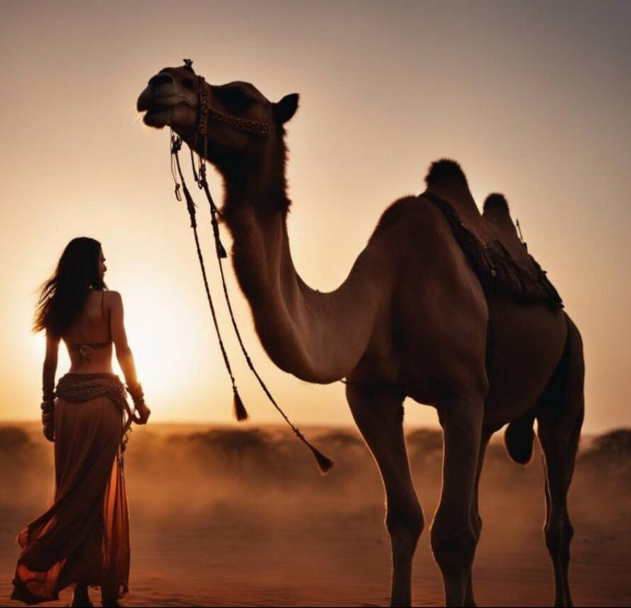 A woman stands in a desert at sunset beside a camel, both silhouetted against the warm sky.