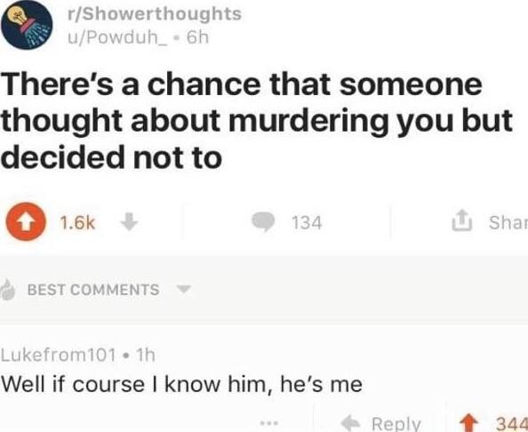 Theres a chance that someone thought about murdering you but decided not to 0 Well if course know him hes me 4 344