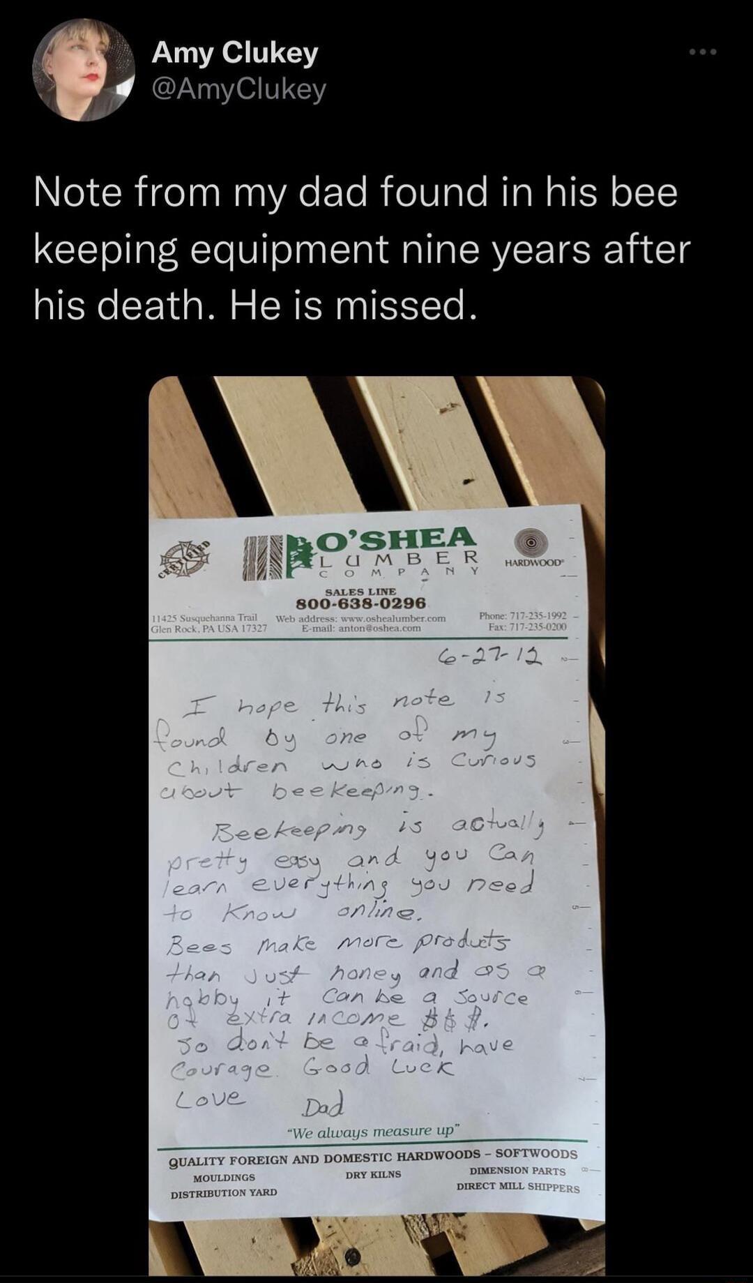 Amy Clukey o AmyClukey Note from my dad found in his bee keeping equipment nine years after his death He is missed