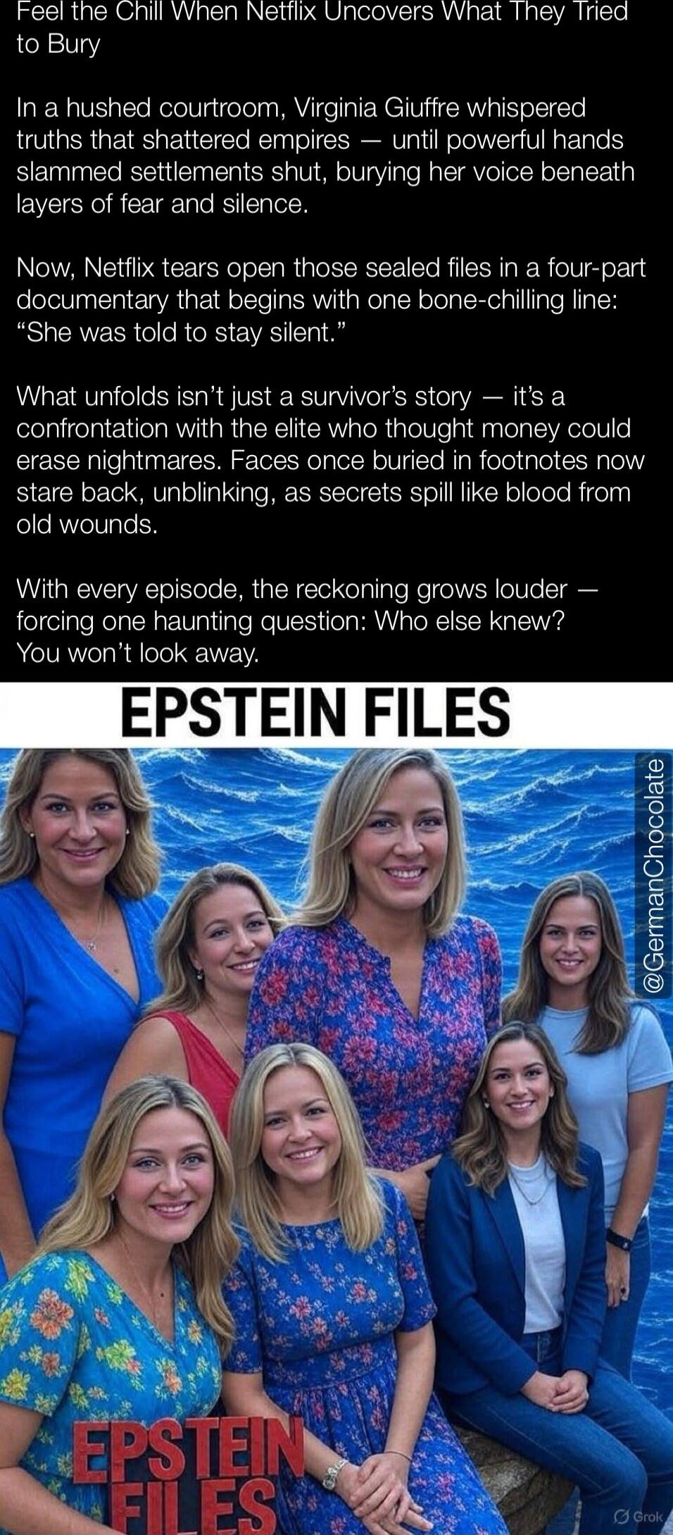 Feel the Chill When Netflix Uncovers What They Tried to Buy

In a hushed courtroom, Virginia Giuffre whispered truths that shattered empires — until powerful hands slammed settlements shut, burying her voice beneath layers of fear and silence.

Now, Netflix tears open those sealed files in a four-part documentary that begins with one bone-chilling 