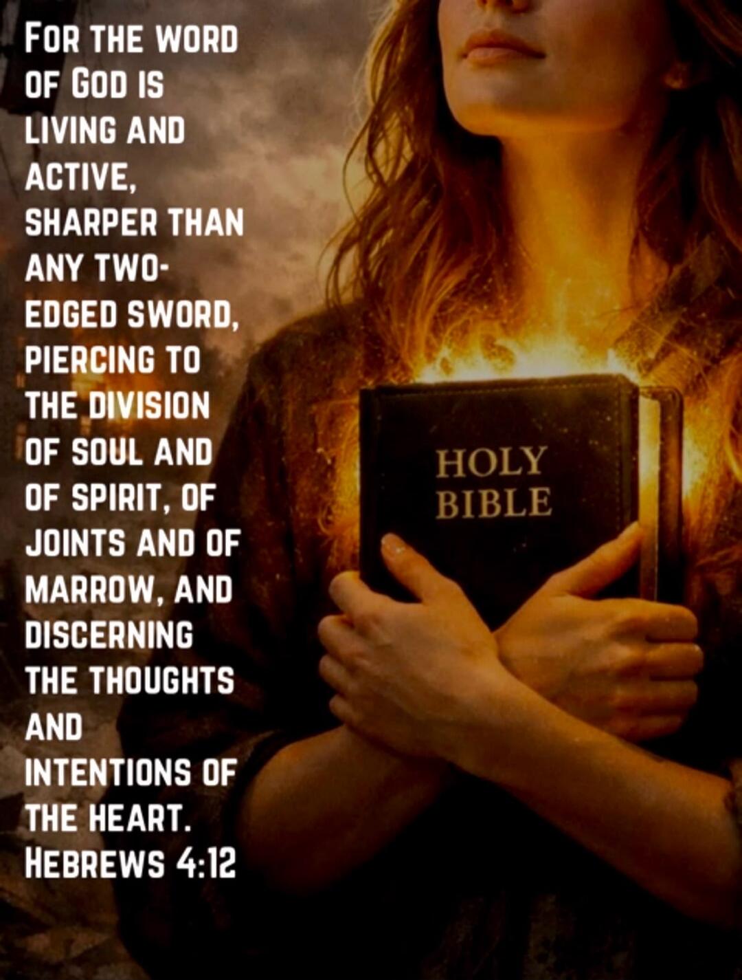 FOR THE WORD OF GOD IS LIVING AND ACTIVE, SHARPER THAN ANY TWO-EDGED SWORD, PIERCING TO THE DIVISION OF SOUL AND OF SPIRIT, OF JOINTS AND OF MARROW, AND DISCERNING THE THOUGHTS AND INTENTIONS OF THE HEART. HEBREWS 4:12 HOLY BIBLE