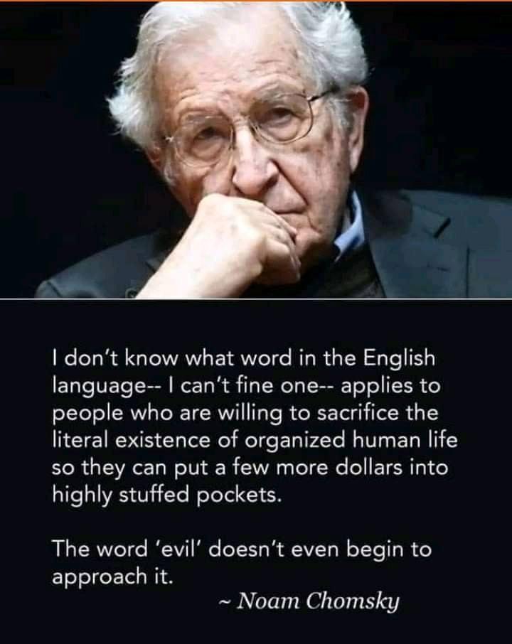 dont know what word in the English language cant fine one applies to people who are willing to sacrifice the literal existence of organized human life so they can put a few more dollars into highly stuffed pockets The word evil doesnt even begin to approach it Noam Chomsky