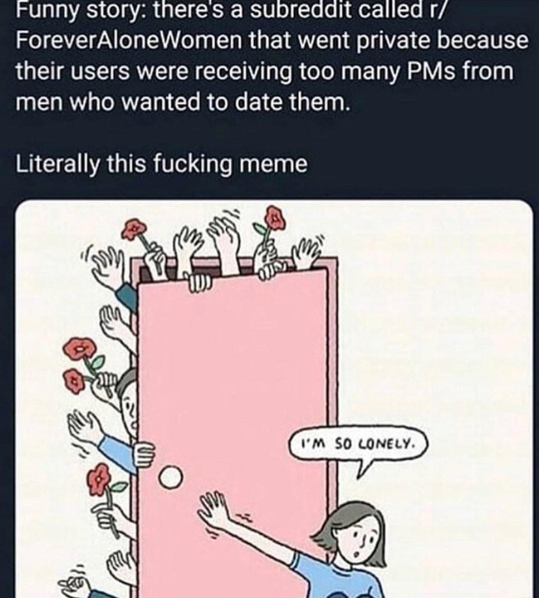 unny story theres a subredaait called r ForeverAloneWomen that went private because their users were receiving too many PMs from ENRTL T CRRCREYCRG TN Literally this fucking meme 50 LONELY