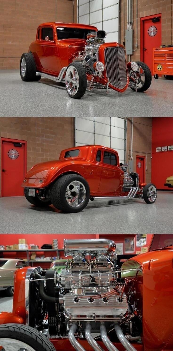 Red hot rod in a shop with a shiny chrome engine and exposed headers. The car features a bright orange-red paint job, wide rear tires, and a prominent vintage grille. Three-angle collage showing front, side, and engine view.