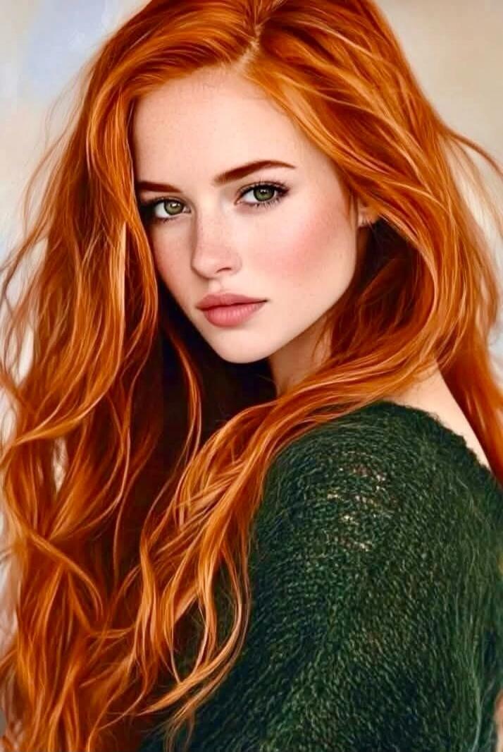 A portrait of a woman with long red hair wearing a green sweater.