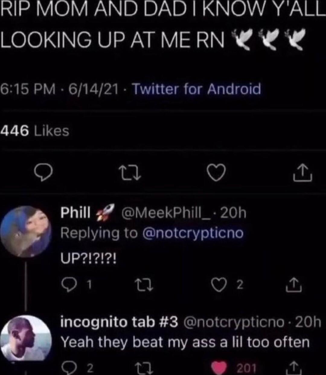 RIP MOM AND DAD I KNOW Y ALL HoloININCIVFNRYIINNR RN VIRV VP A R O I T T T 446 Likes gt Q Phill MeekPhill_ 20h Replying to notcrypticno uP212t O n Q2 incognito tab 3 notcrypticno 20h Yeah they beat my ass a lil too often I L 200 N