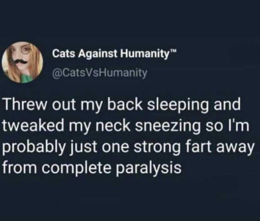 Cats Against Humanity 01 A 5 V E Tl Threw out my back sleeping and tweaked my neck sneezing so Im s1geo 1 o YAIVE e la RS o1 o R 1a V el Rele s S CREIENAIS