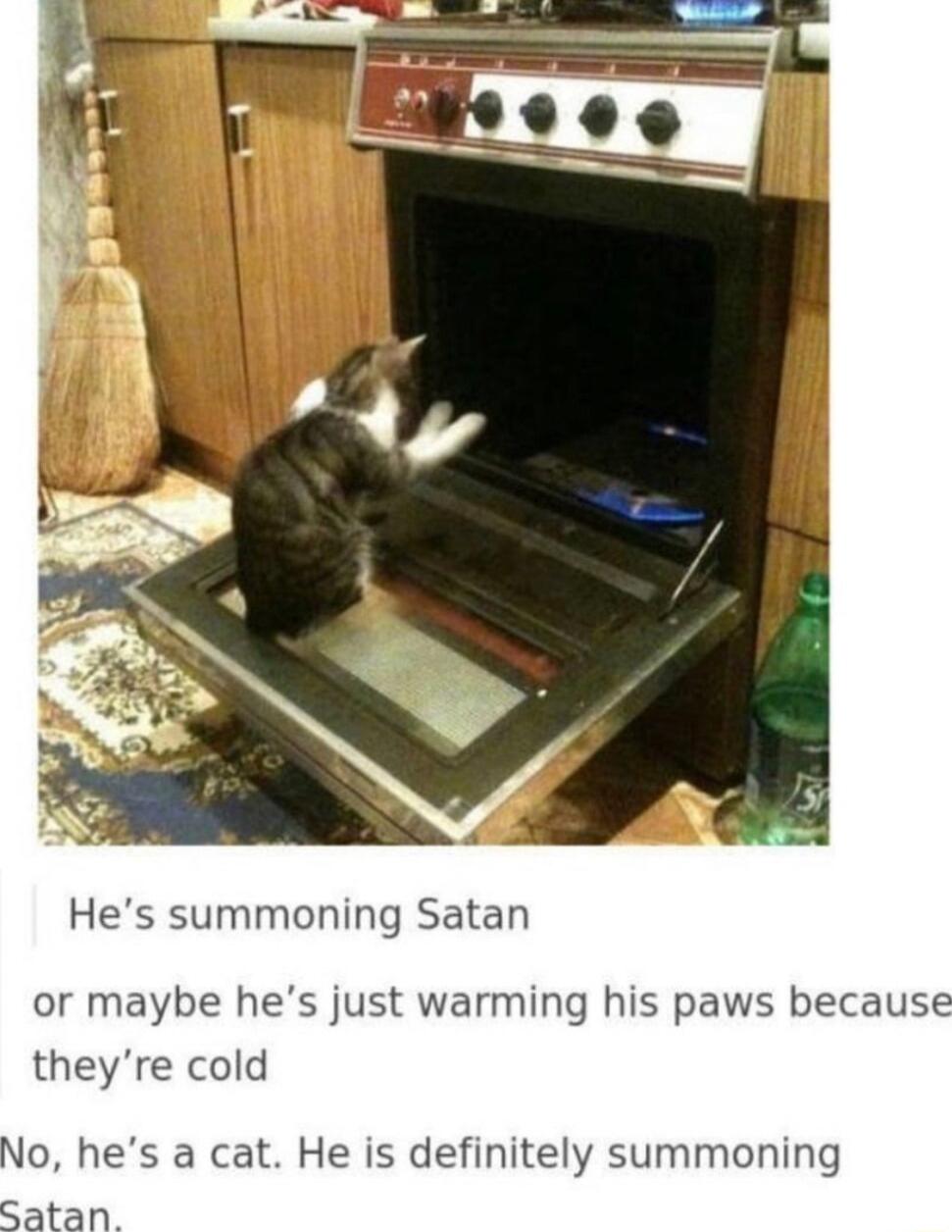 Hes summoning Satan or maybe hes just warming his paws because theyre cold No hes a cat He is definitely summoning Satan